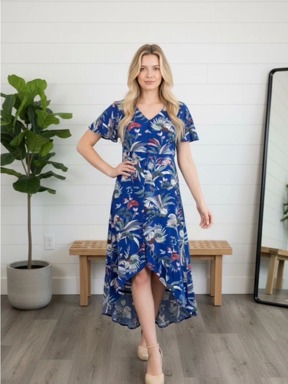 Cotton On Women’s Tropical High Low Dress Flutter Sleeves Blue Tie Buttons S NEW